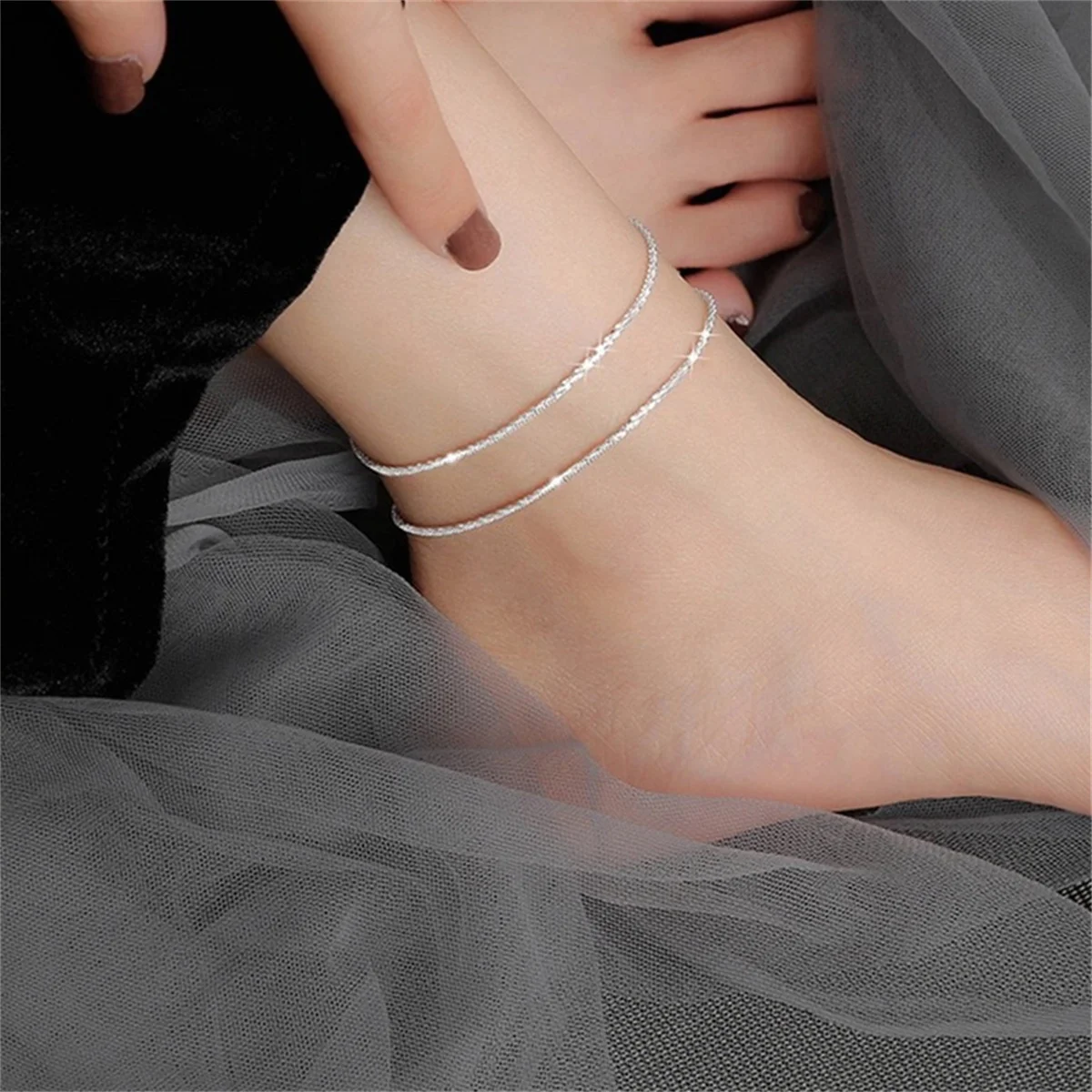 Thin Stamped Minimalist Silver Color Shiny Chains Anklets For Women Girls Friend Foot Jewelry Leg Barefoot Bracelet Accessories