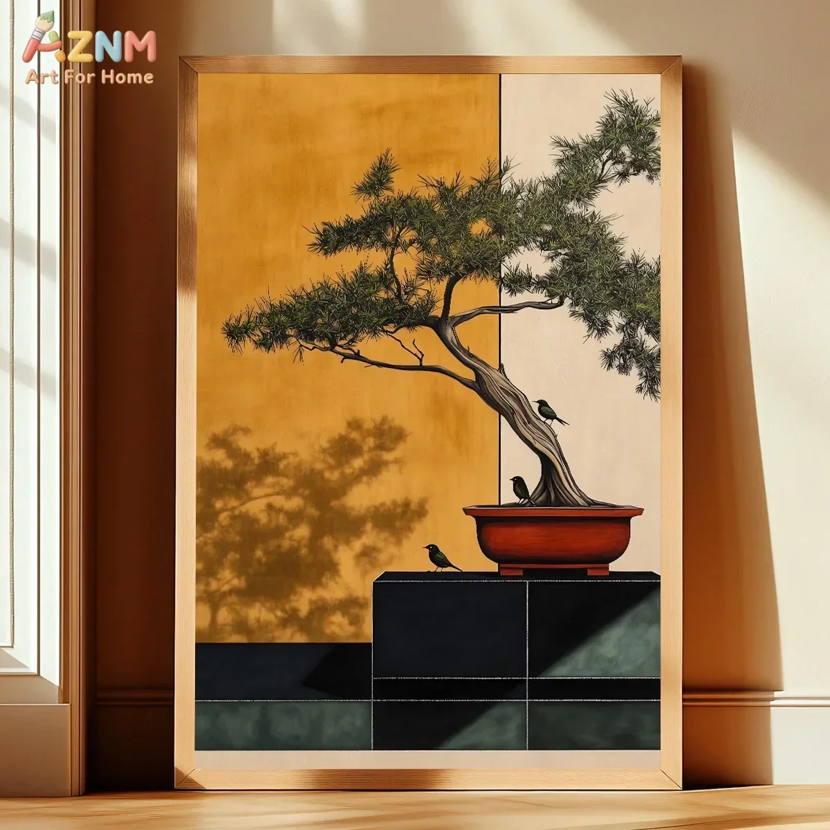 AZNM Japanese Bonsai Pine Tree Canvas Wall Art Minimalist Oriental Bird Botanical Print Unframed Canvas Painting Zen Home Decor