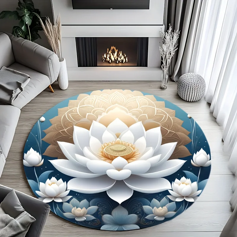 

1 piece white lotus print round rug, crystal velvet fabric, suitable for bedroom living room decoration
