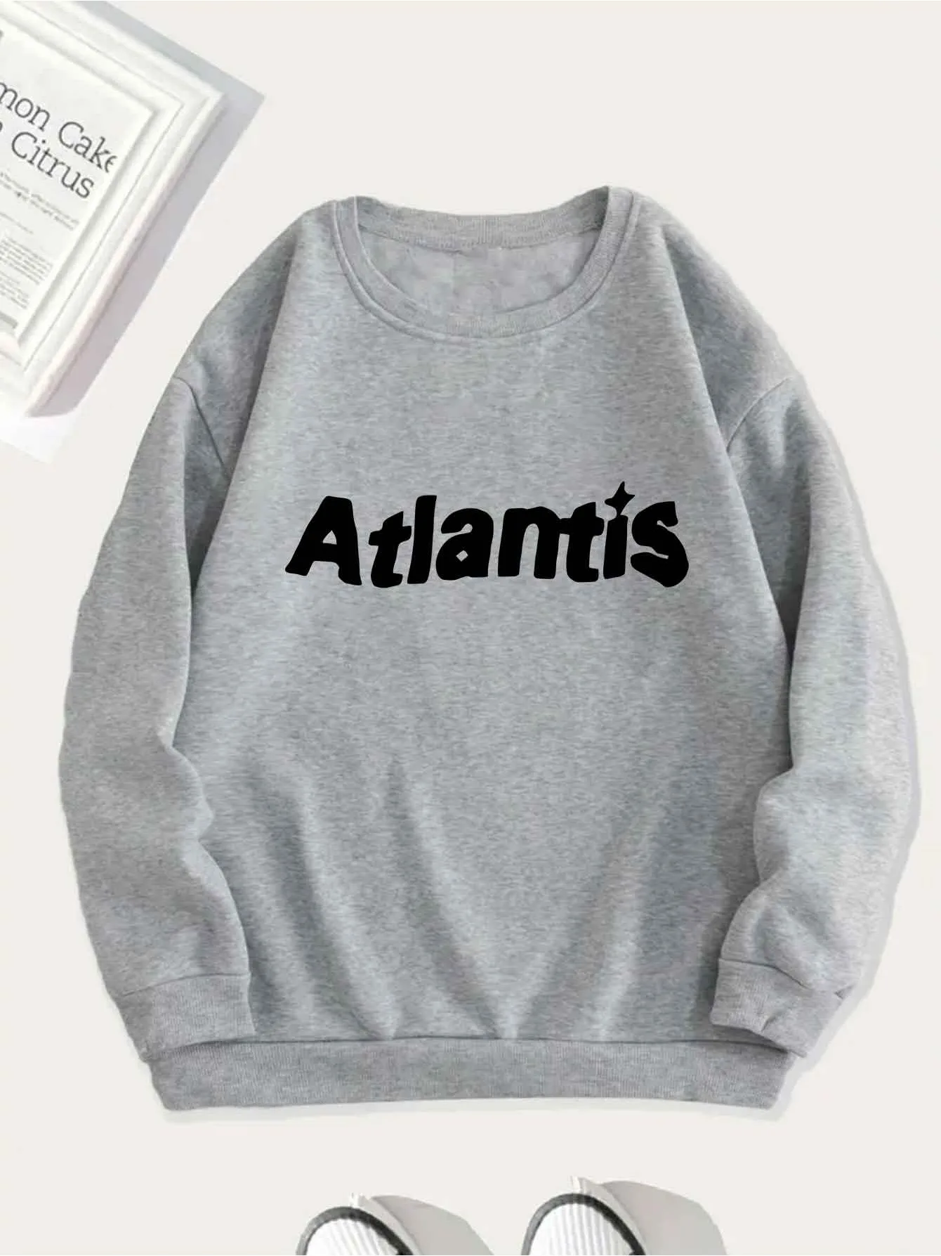 1Pc Women's Elegant Atlanticis Print Sweatshirt - with Lettering, Round Neck Long Sleeve Pullover, Stretchy Fabric, Ladies Sweat