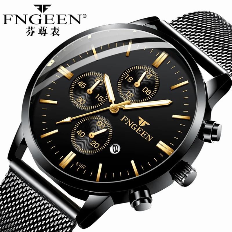 

Fngeen Ultra Slim Mesh Band Men's Watch 30M Waterproof Quartz Wristwatch Small Dial Decoration Black Clock Male Relojes Hombres