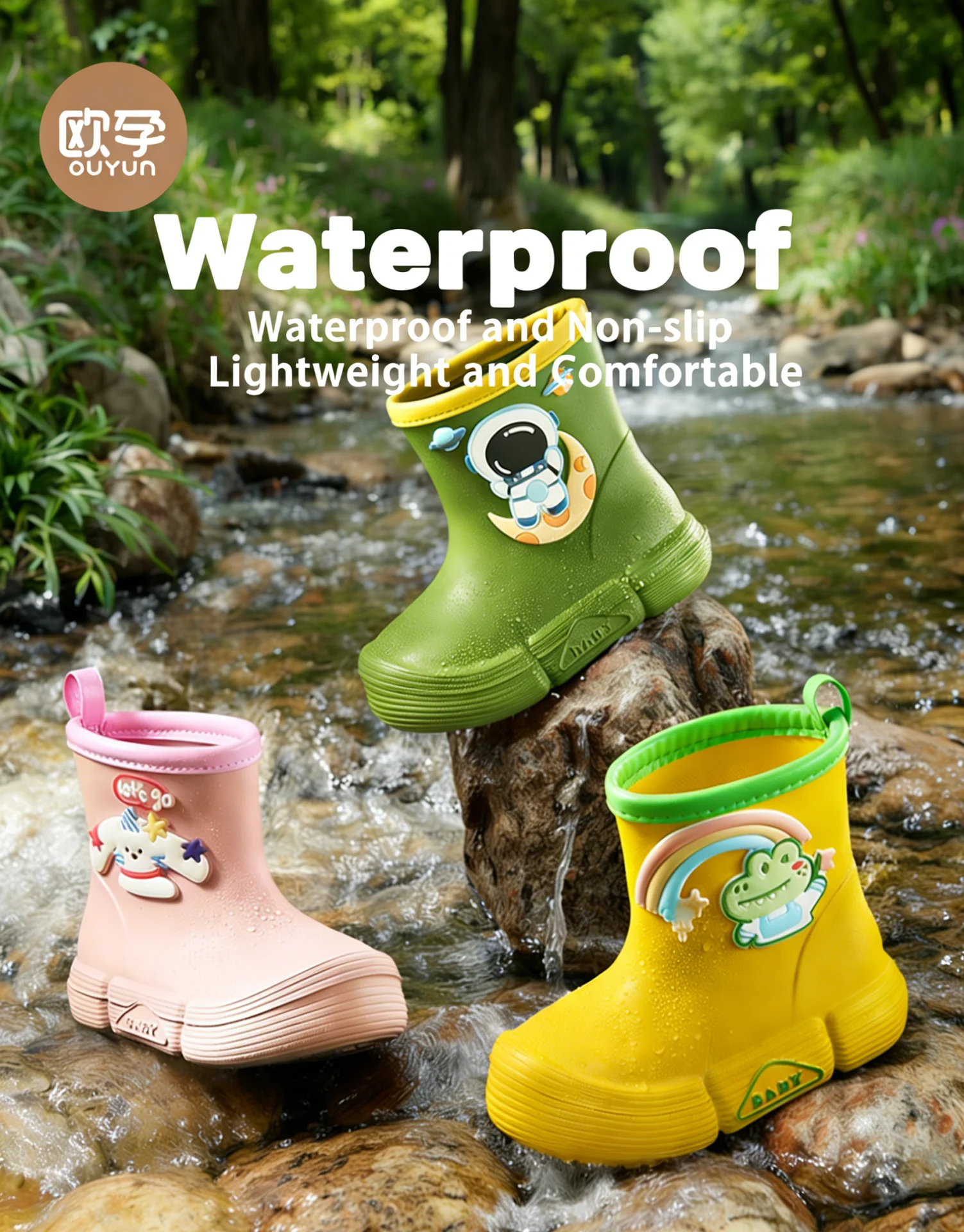 OUYUN Children's Rain Boots Anti-Slip Collision Proof Unisex School Specialty Waterproof Shoes for Babies Kindergarten