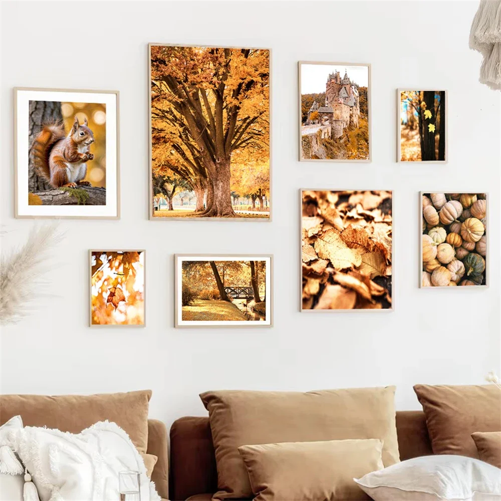 Autumn Forest Landscape Posters Canvas Painting Fall Leaves Squirrel Pumpkin Wall Art Nordic Print Pictures Living Room Decor