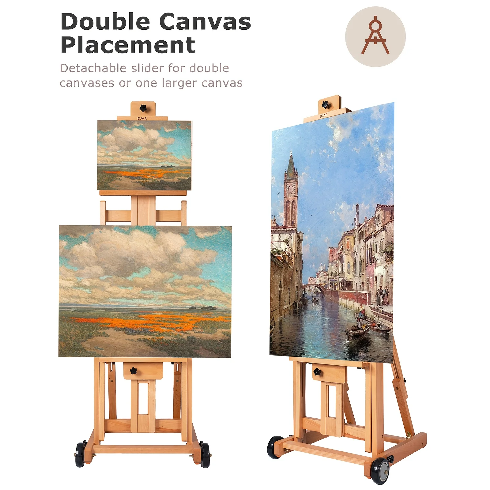 DJAR Large Rolling H-Frame Art Easel, Adjustable Solid Beech Wood Studio Painting Floor Stand with Wheels, Tilting Flat Heavy Duty Easel for Dual Canvas up to 78 Inches,Nature