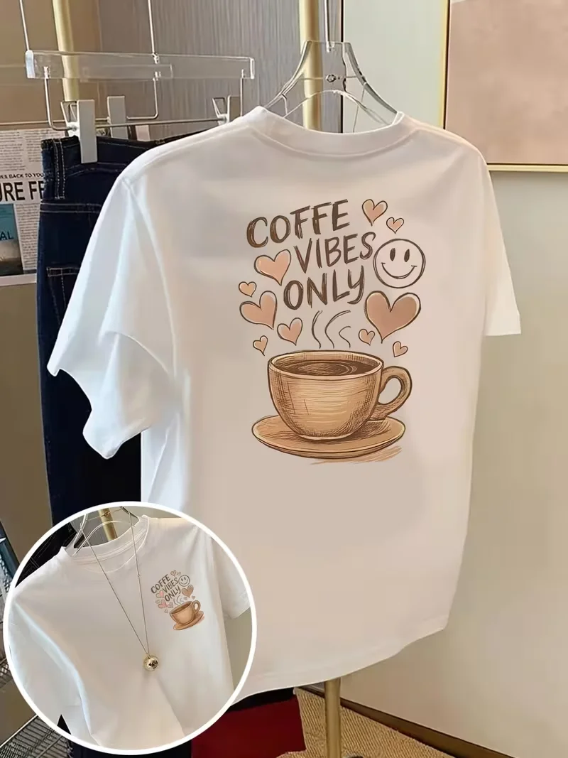 Women'S Casual T-Shirt with A Coffee Vibe, Featuring A Heart Pattern Printed on Both The Front and Back. Women's Clothing
