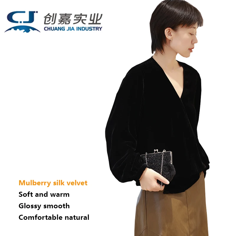 

Silk Velvet Long Sleeve V-neck Shirt Simple Temperament Elegant Top Outdoor Comfortable Casual Clothing