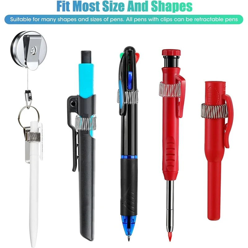 4 Piece Retractable Pull Pen Pencil Holder Silver & Black Stainless Steel Universal Pen Lanyard Retractable With Belt Clip