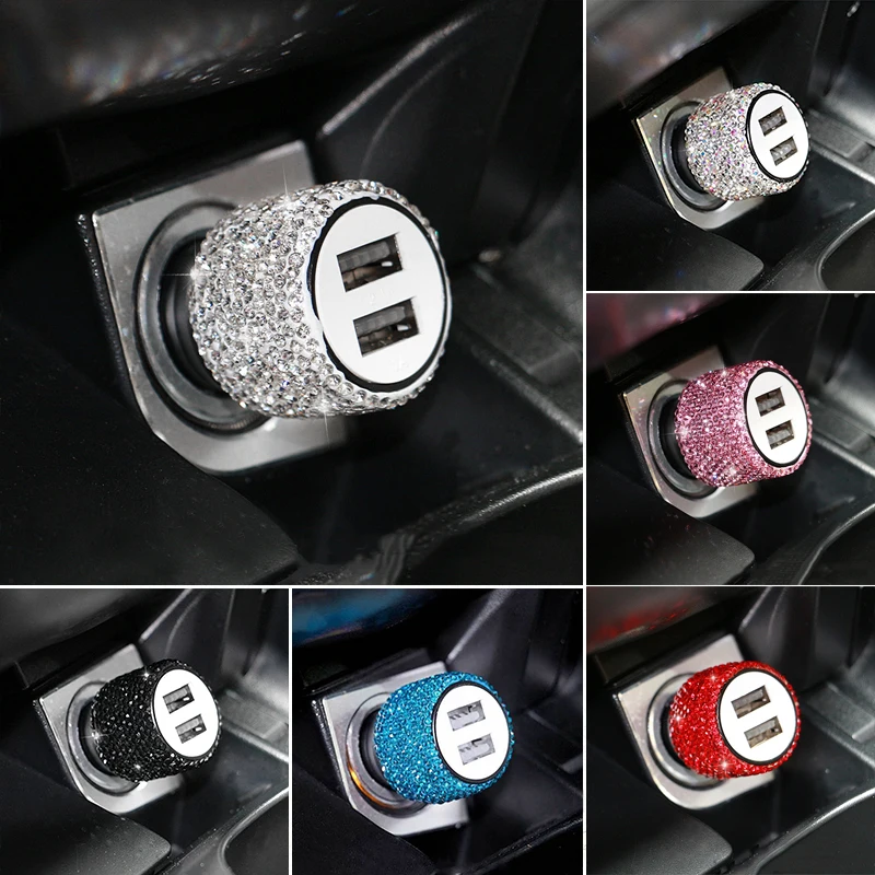 Diamond USB Car Charger Dual Port Fast Charging 5V 2.1A Auto Decor Bling Rhinestone Styling Car Accessories Interior for Women