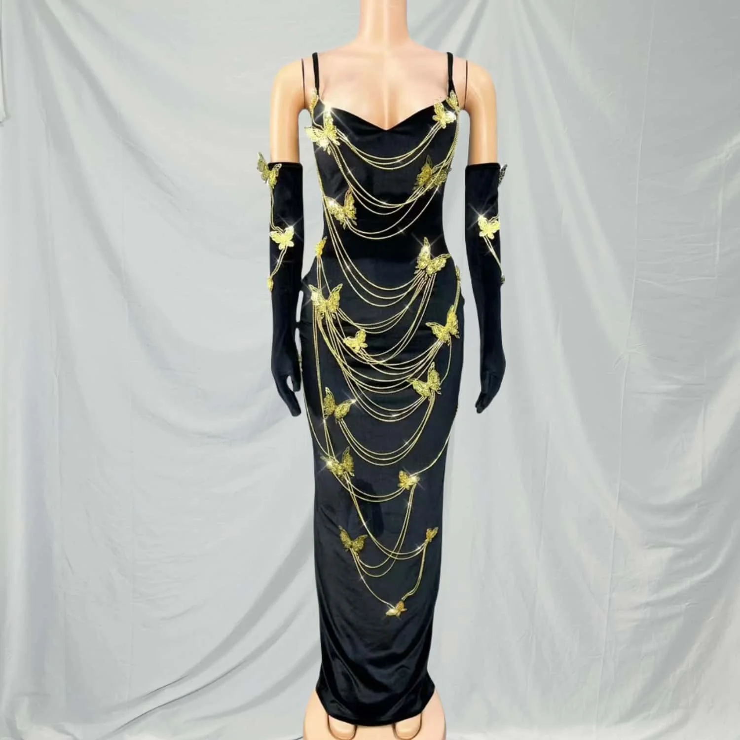 

Jinshuhudie блестящее золотое металлическое платье с бабочкой Холтер черное бархатное платье вечернее платье наряд для красной ковровой дорожки с перчатками