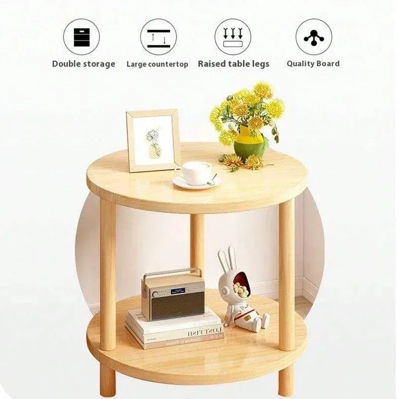 Wooden Modern Round Square Bedside Table Double-Layer Nightstand Home Office Bedroom Living Room Sofa Side Table Coffee Table