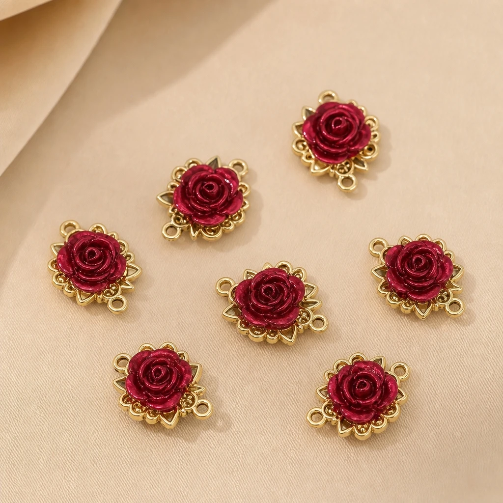 5/10pcs Rose Charms 3D Rose Flower Connector Bulk Links Valentine's Day Linking Double Loop Pendant for Jewelry Making DIY Craft