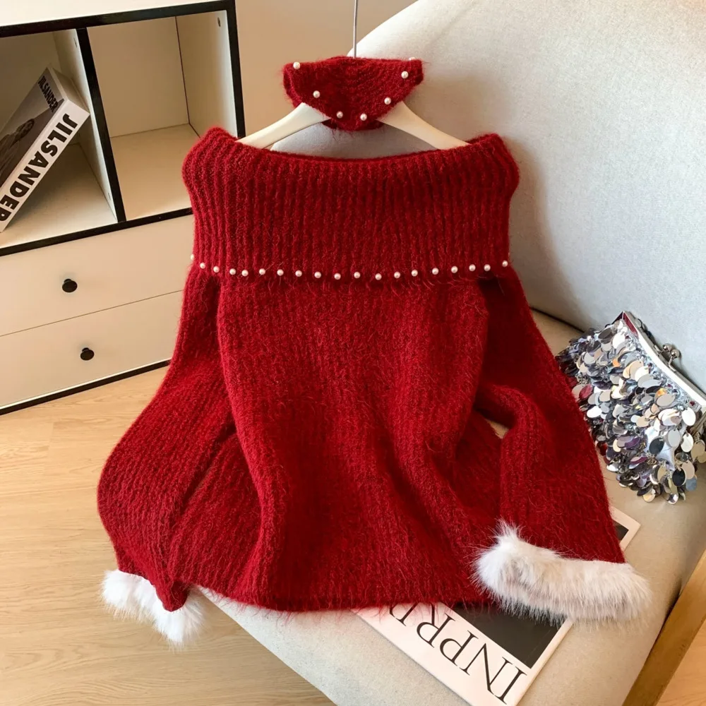 

Рождественский свитер из искусственной норки с короткими плечами, женский осенний новый стиль, универсальный утягивающий топ с длинными рукавами и бисером, с открытыми плечами, чистый