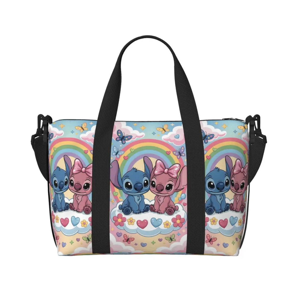 

Custom Stitch Anime Printed Beach Tote Bag for Women Kawaii Cartoon Rainbow Design Big Compartment Beach Gym Travel Bags