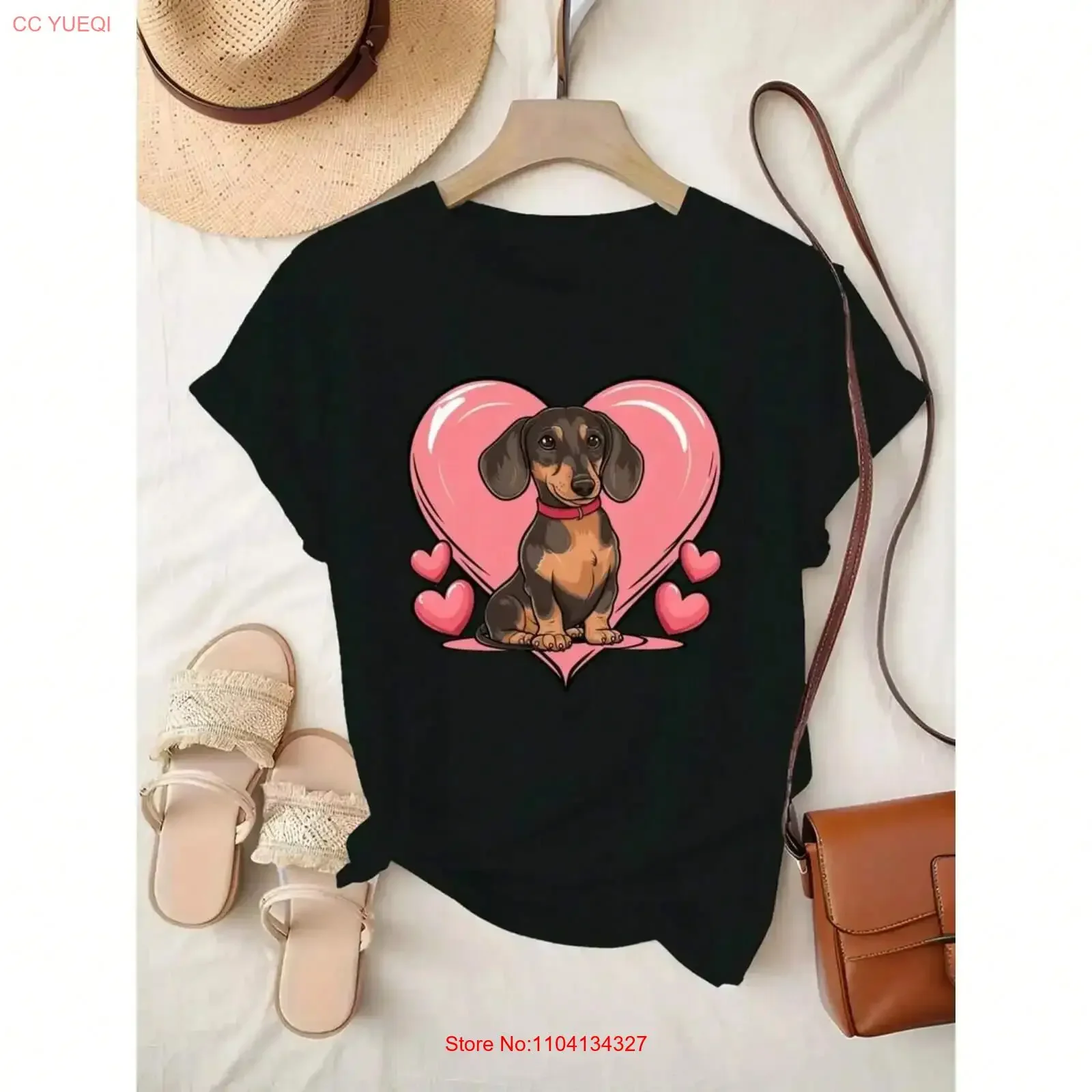 Cute Cartoon Sausage Dog Heart Pattern for Women's Comfort T shirt vintage Washed Comfortable Unisex Soft Slightly homme