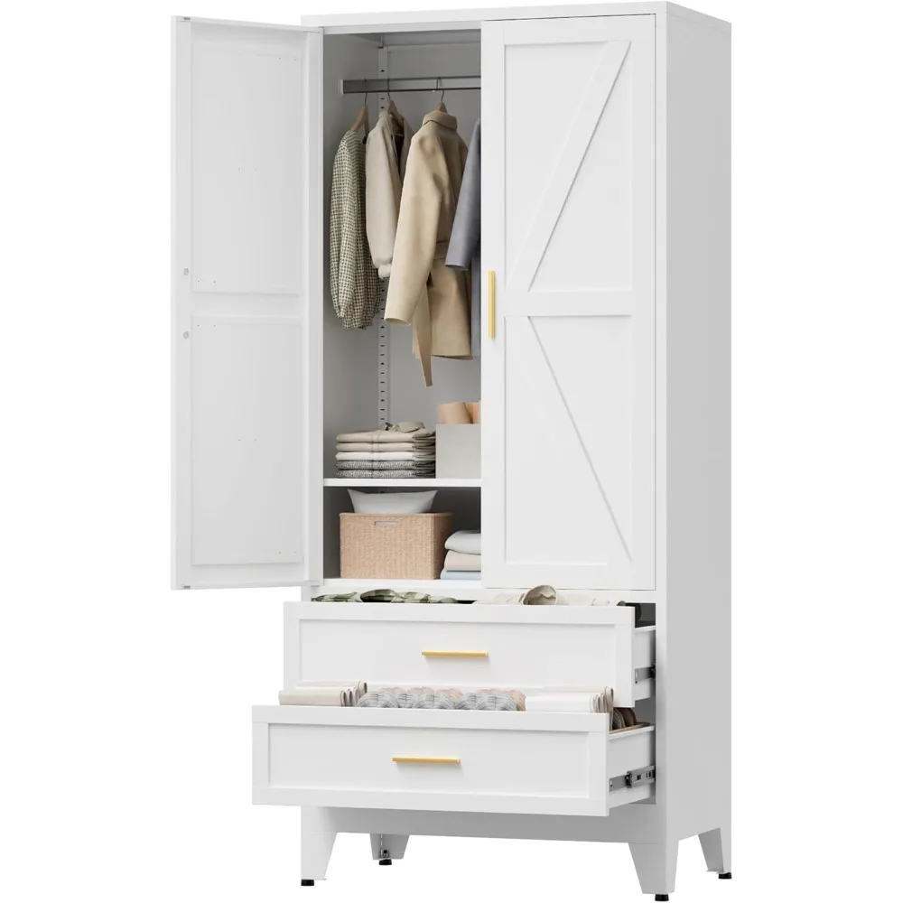 

71" Tall Metal Wardrobe Cabinet, with 2 Drawers and Hanging Rod, 2 Doors Armoire Wardrobe Closet with Shelf for Bedroom, Office