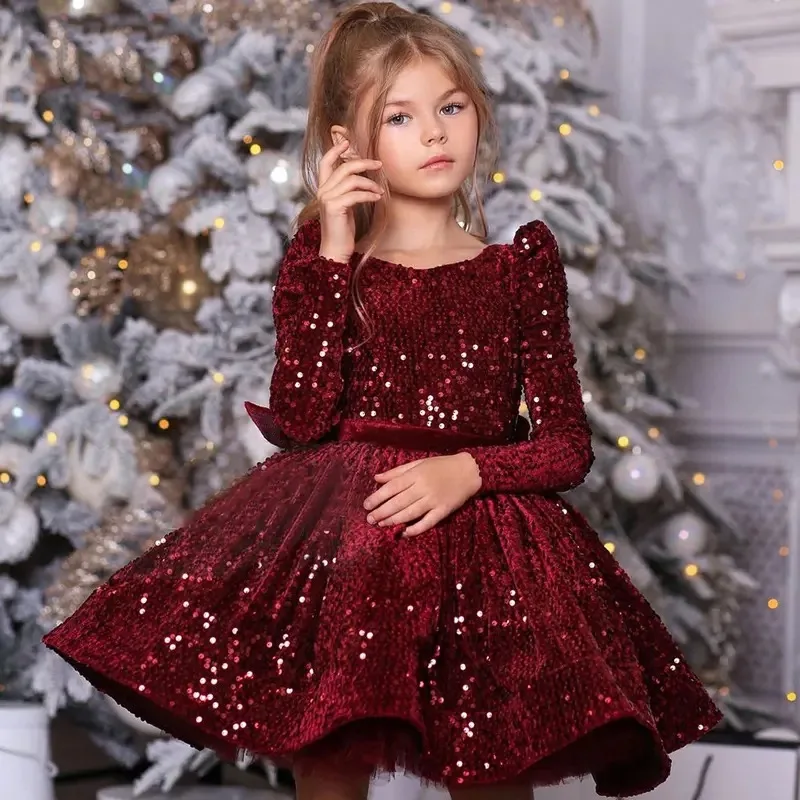 Baby Girl Princess świąteczna sukienka z cekinami z długim rękawem niemowlę maluch dziecko kokarda Vintage zimowa suknia wieczorowa ubranka dla dzieci 12M-12Y — zdjęcie 2