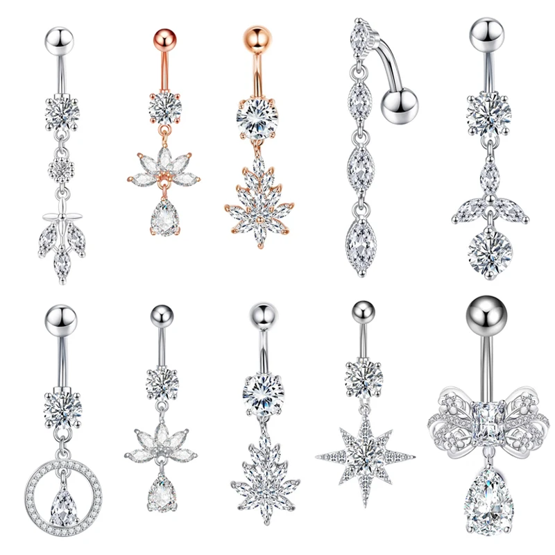 1Pc Sparkling Zirconia Inverted Drop Pendant Bow Belly Button Nail Stainless Steel Sexy Navel Ring Piercing Jewelry image 2