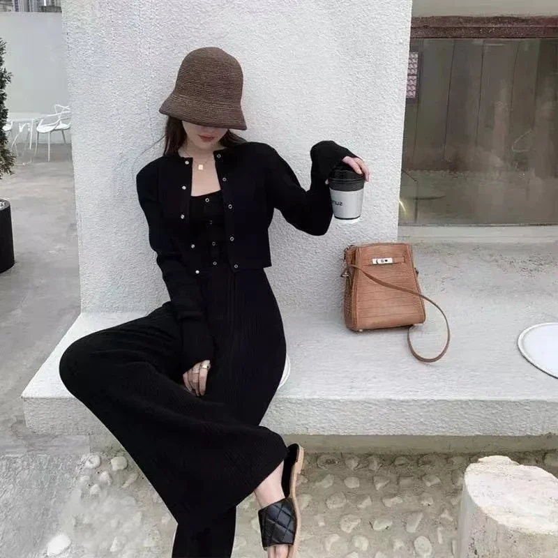 New Autumn Knitted 2 Piece Sets Womens Outfits Casual Camisole Crop Tops + Short Cardigan + Wide Leg Pants Women's Tracksuit Y2k