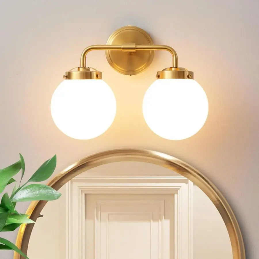 

Vanity Light Fixtures Over Mirror, Modern Brass Gold 2 Lights Wall Sconce Lighting with Milky Glass Ball Shades, Mid Century Far