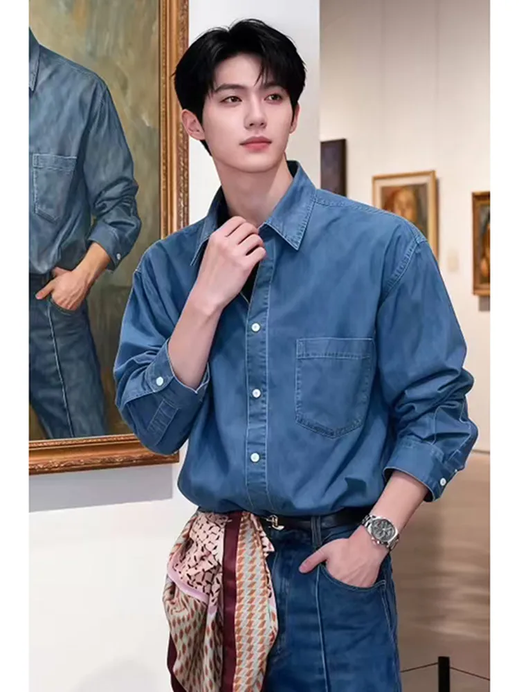 

Blue Korean Sle Men's Denim irt Spring Summer Cleanfit Collar Layering High End Lazy Workwear Jaet Loose Fit Long Sve