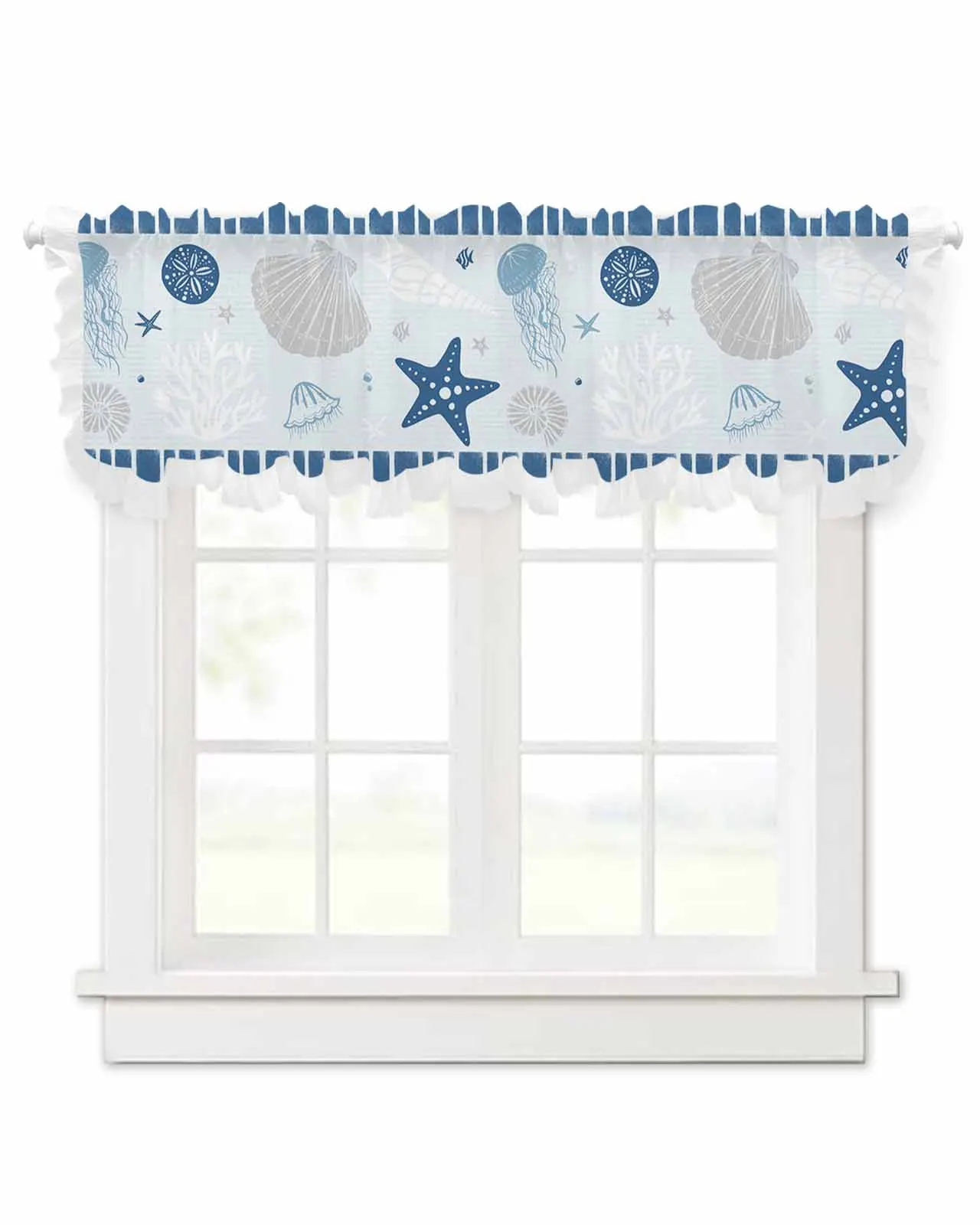 Ocean Starfish Shell Jellyfish Coral Short Tulle Half Curtains for Living Room Kitchen Door Cafe Window Sheer Valance Drapes