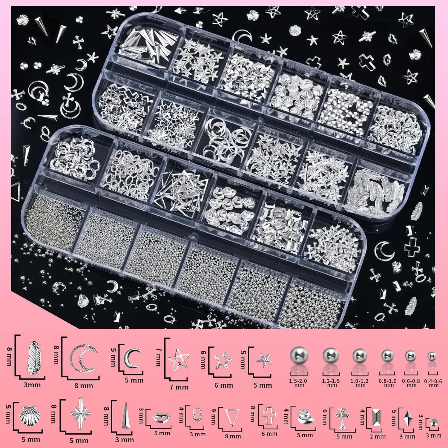 4 Box Nail Rhinestones Set, Silver Color Nail Jewelry, 3D Cross Heart Flat Backs, DIY Nail Art Accessories, Resin & Metal Charms view 2