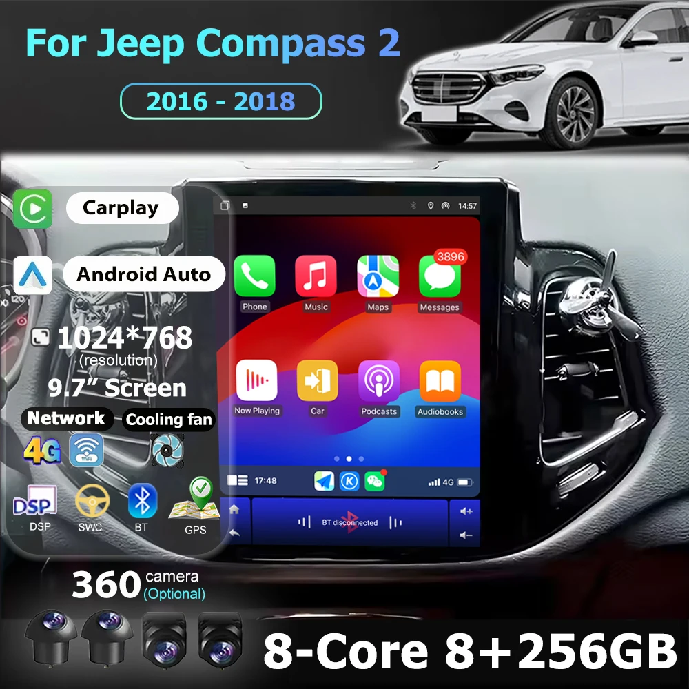 Wireless Carplay Android 16 For Jeep Compass 2 2016 2017 2018 Car Radio Multimedia Video player Navigation GPS Head Unit 9.7''