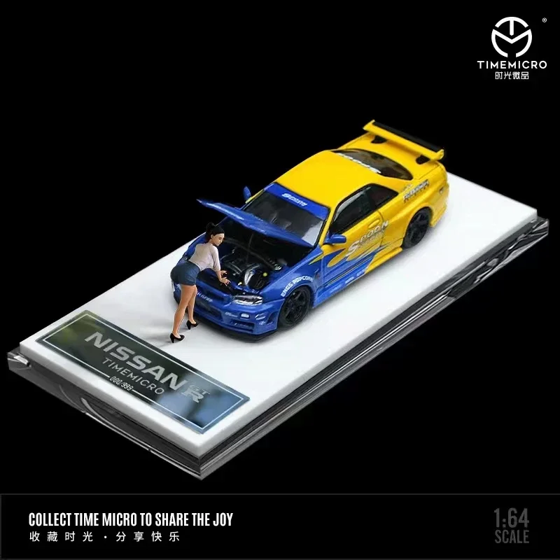 Tempo Micro GTR34 modelo de carro de liga, veículo com capô aberto, versão colher, coleção limitada 999, 1:64