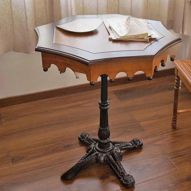 Retro Solid Wood Polygon Side Table Creative French Style Small Coffee Table for Living Room Balcony Apartment Home Decor
