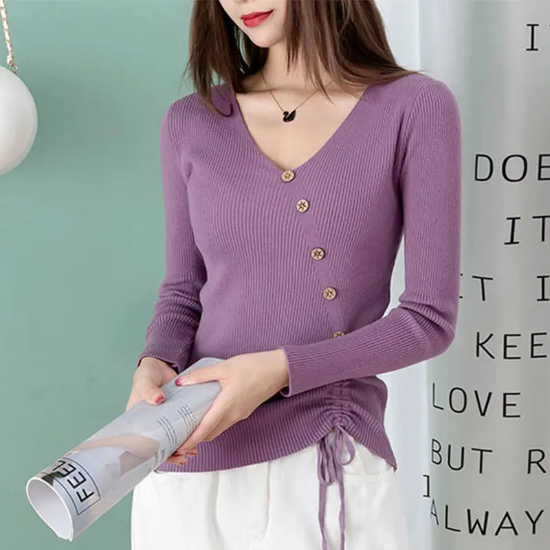 

Women's Autumn Fashion Simplicity Solid Color V-neck Long Sleeve Sweater Women Clothes All-match Elegant Temperament Slim Tops