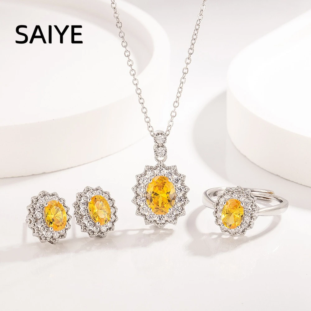 925 Sterling Silver Yellow Citrine Zircon Jewelry Set for Women Oval Sunflower Pendant Necklace Ring Earrings Fine Jewelry Gift