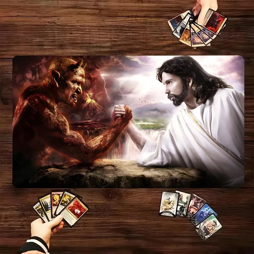 

MTG TCG Христос Иисус и Дьявол Торговая игровая карточная площадка 60x35 см с волшебной площадкой Противоскользящая и моющаяся Подходит для вечеринок