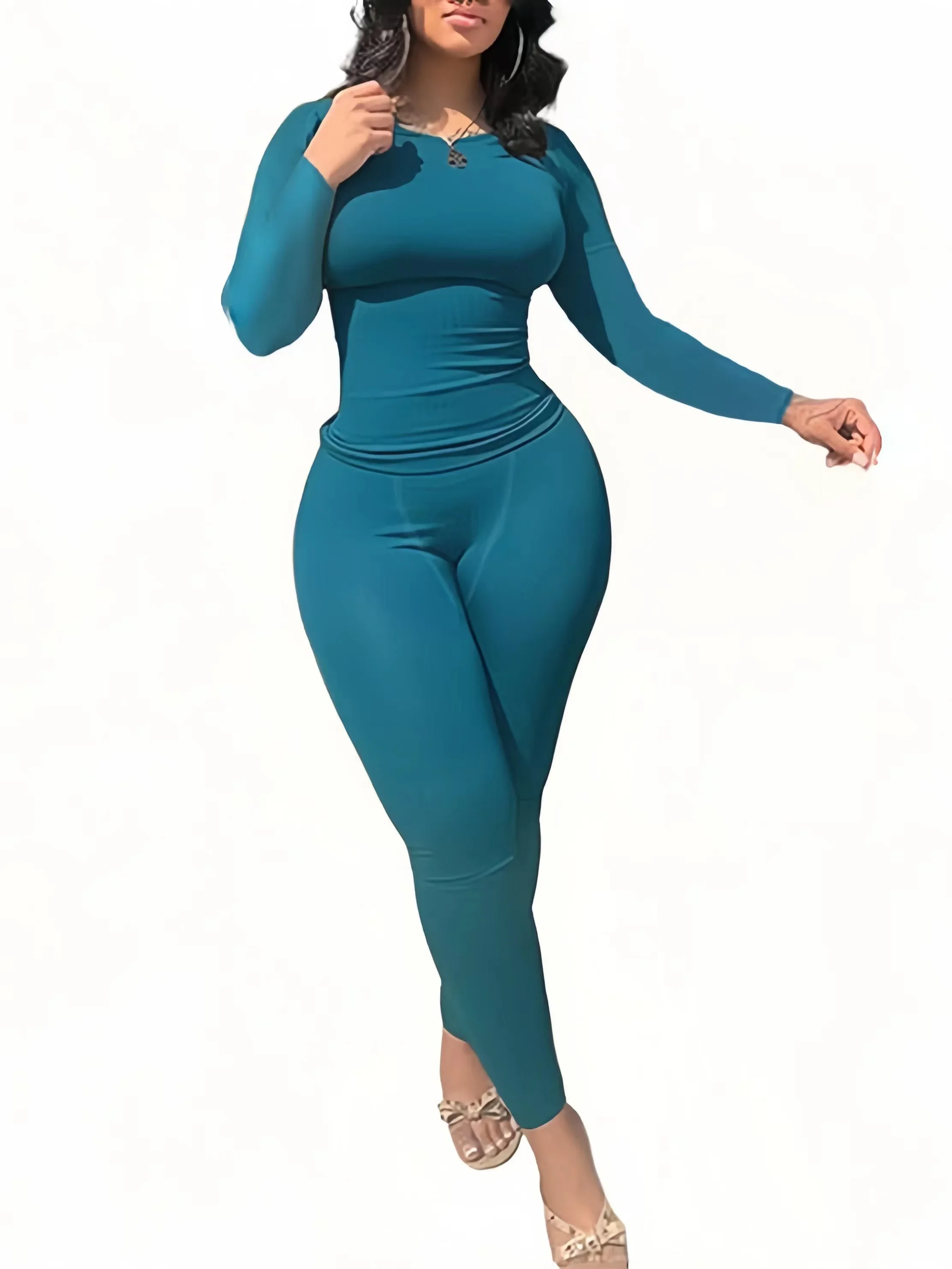 2pcs Solid Color Yoga Workout Set Long Sleeve Round Neck Top & High Stretch Running Sports Leggings Suit Women's Activewear