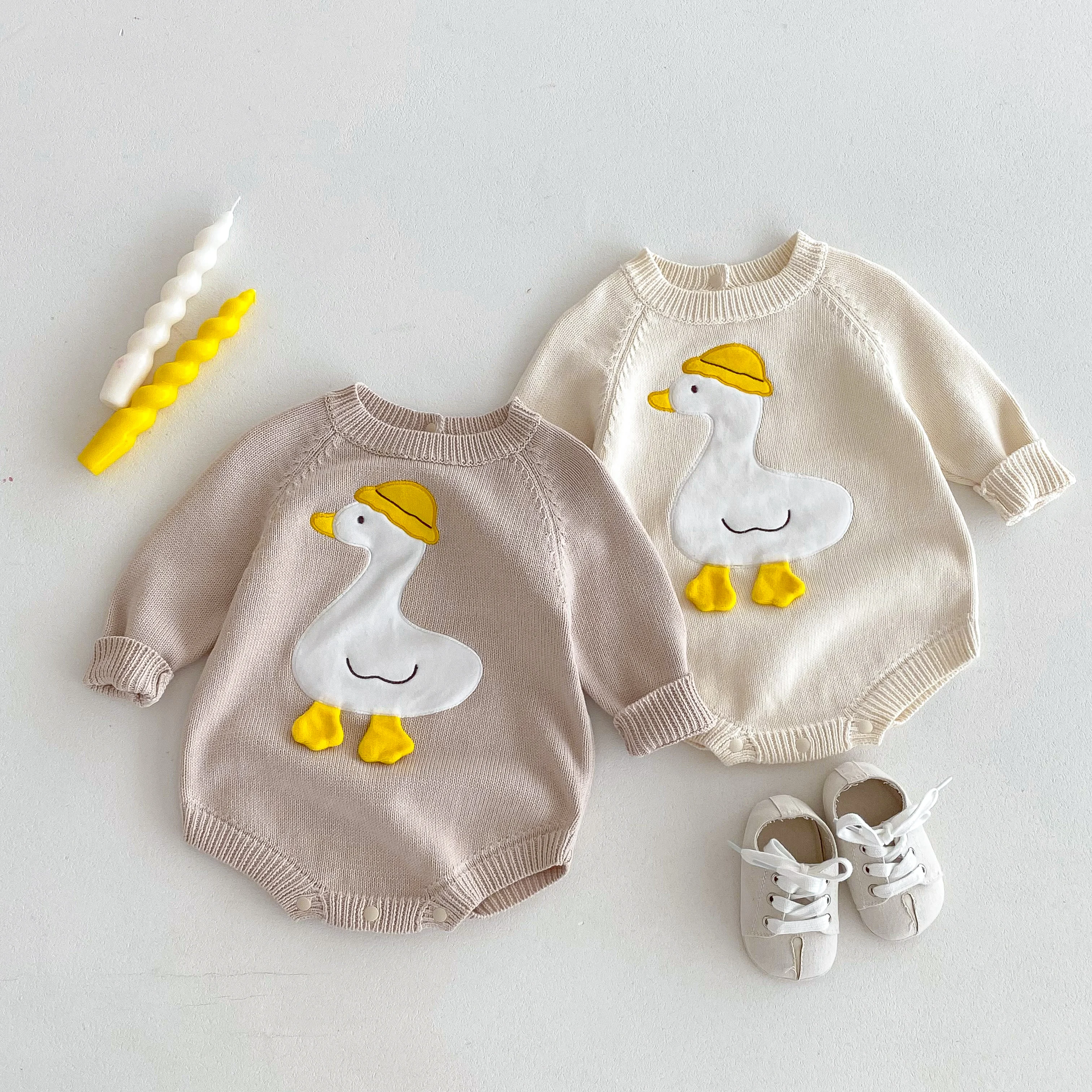 New Autumn and Winter baby Clothing: Long-Sleeve Knit Onesie for Boys and Girls, Outing Duck Crawl Suit