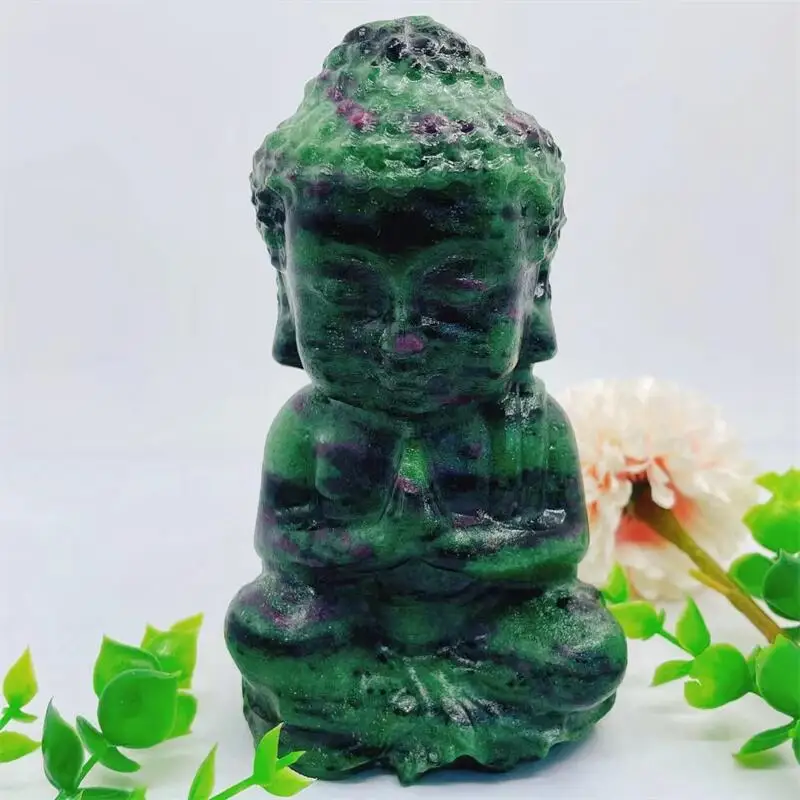 

13.5cm Natural Ruby In Zoisite Buddha Carving Figurine Ornament Healing Feng Shui Craft Buddhism Home Decoration 1pcs