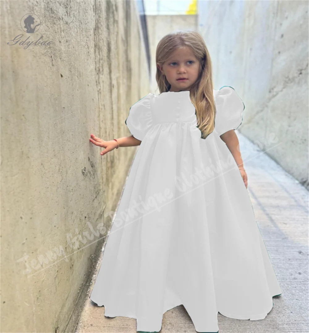 فستان فتاة الزهور من الساتان الأنيق منتفخ باللون الأحمر لحفلات الزفاف بأكمام قصيرة منتفخة بطول الأرض فستان عيد ميلاد للأطفال الصغار #4