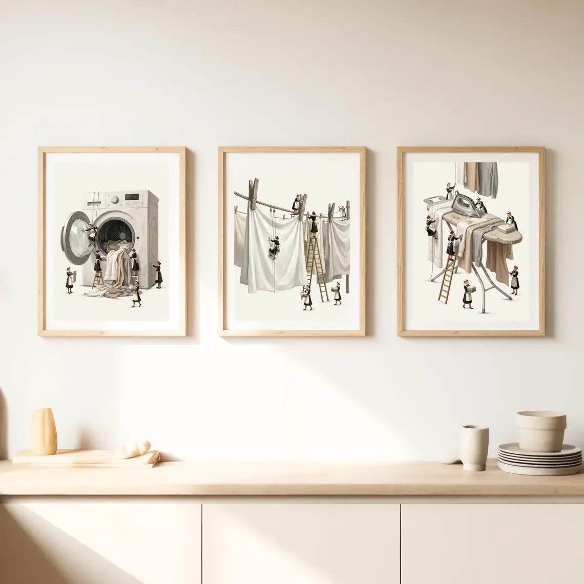 Laundry Room Wall Art Set of 3 | Utility Room Decor Prints | Washing Machine Laundry Line Ironing Board | Neutral Laundry Poster