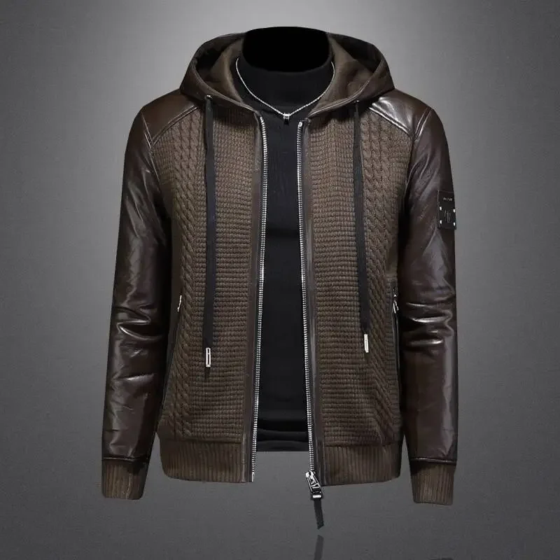 Winter Jackets Mens Duck Down Jacket Men 2026 Autumn Men's Knitted Spliced Leather Jacket Hooded Down Jacket Coat Kurtka Zimowa