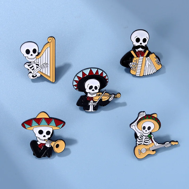 Mexican Concert Enamel Pins Custom Accordion Violin Harp Brooches Lapel Badges Gothic Performers Jewelry Gift for Friends