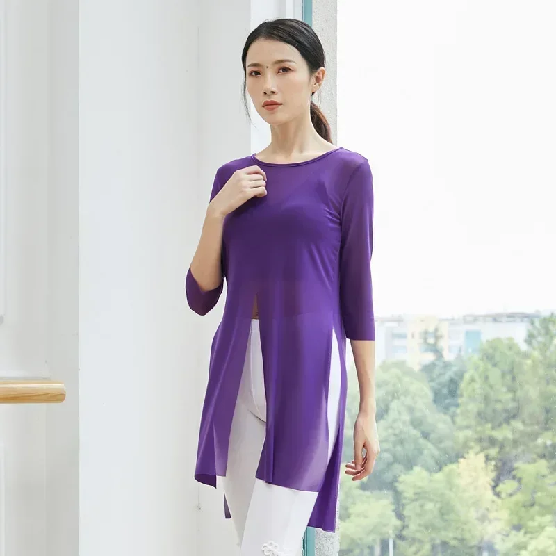 Adult Loose Belly Dance Transparent Sheer Mesh Top Long Shirt Split Fairy Costume for Women Dancing Clothes Dancer Wear Clothing