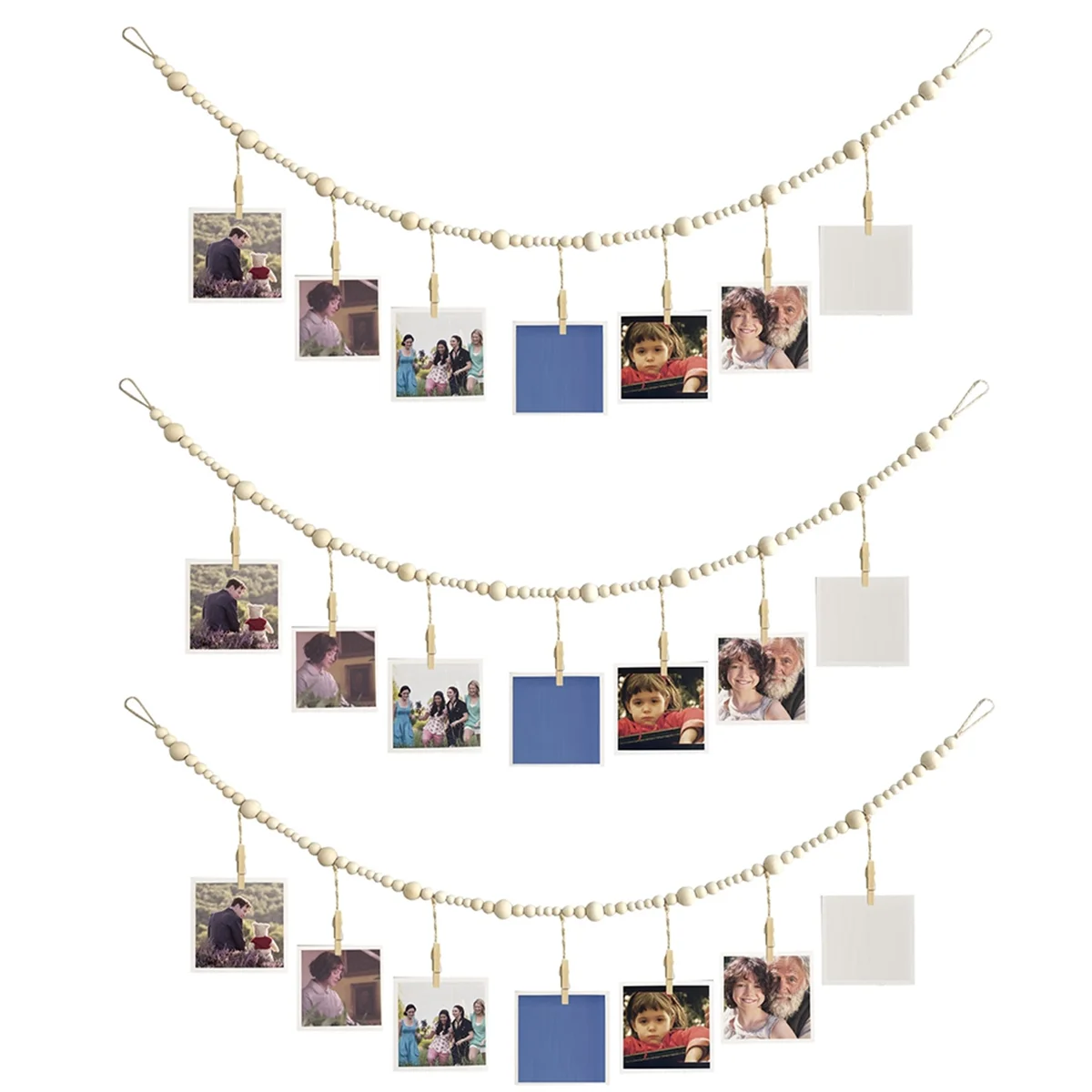 ABJS 3PCS Hanging Photo Display Wall Decor, Boho Wooden Bead Garland Collage Picture Frame with 7 Wood Clips for Home, Office