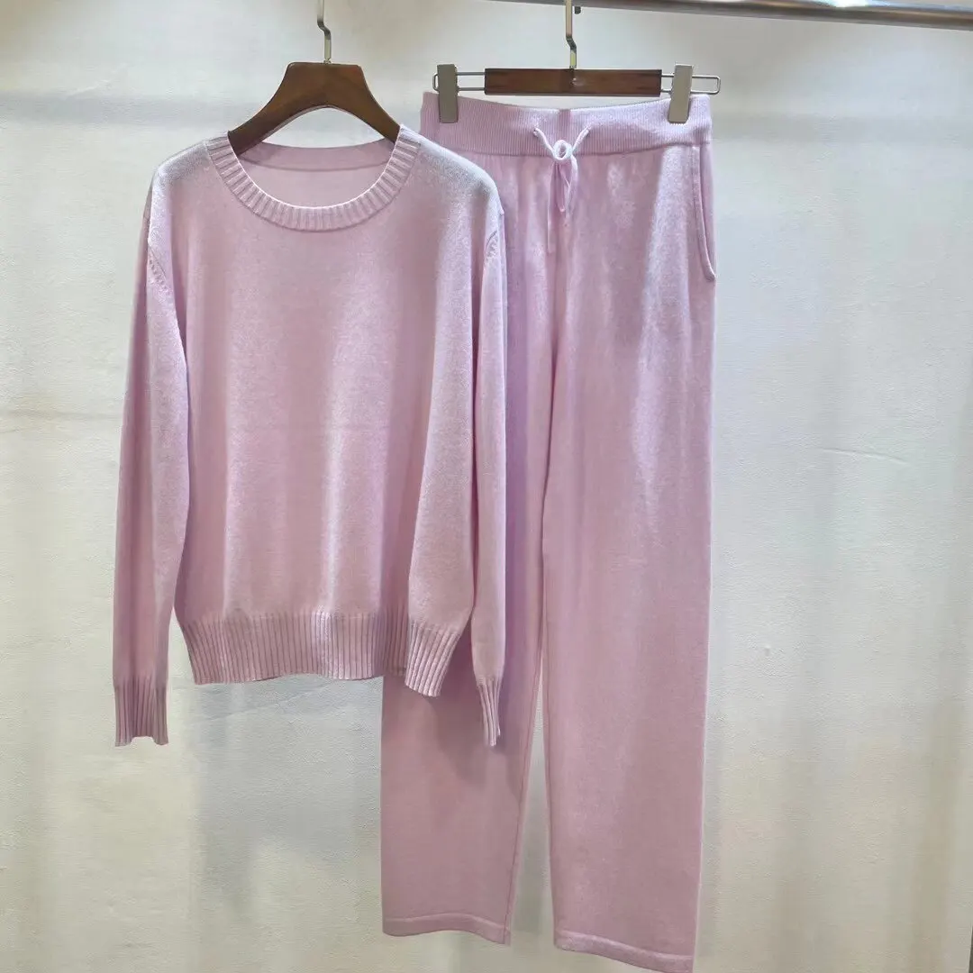 Winter fashion versatile new 100% cashmere solid color two-piece set