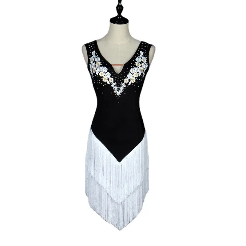 Tassel Latin Dance Skirt Competition Diamond-encrusted Performance Suit V-neck Three-step Jitba Dress Yellow and White Orange