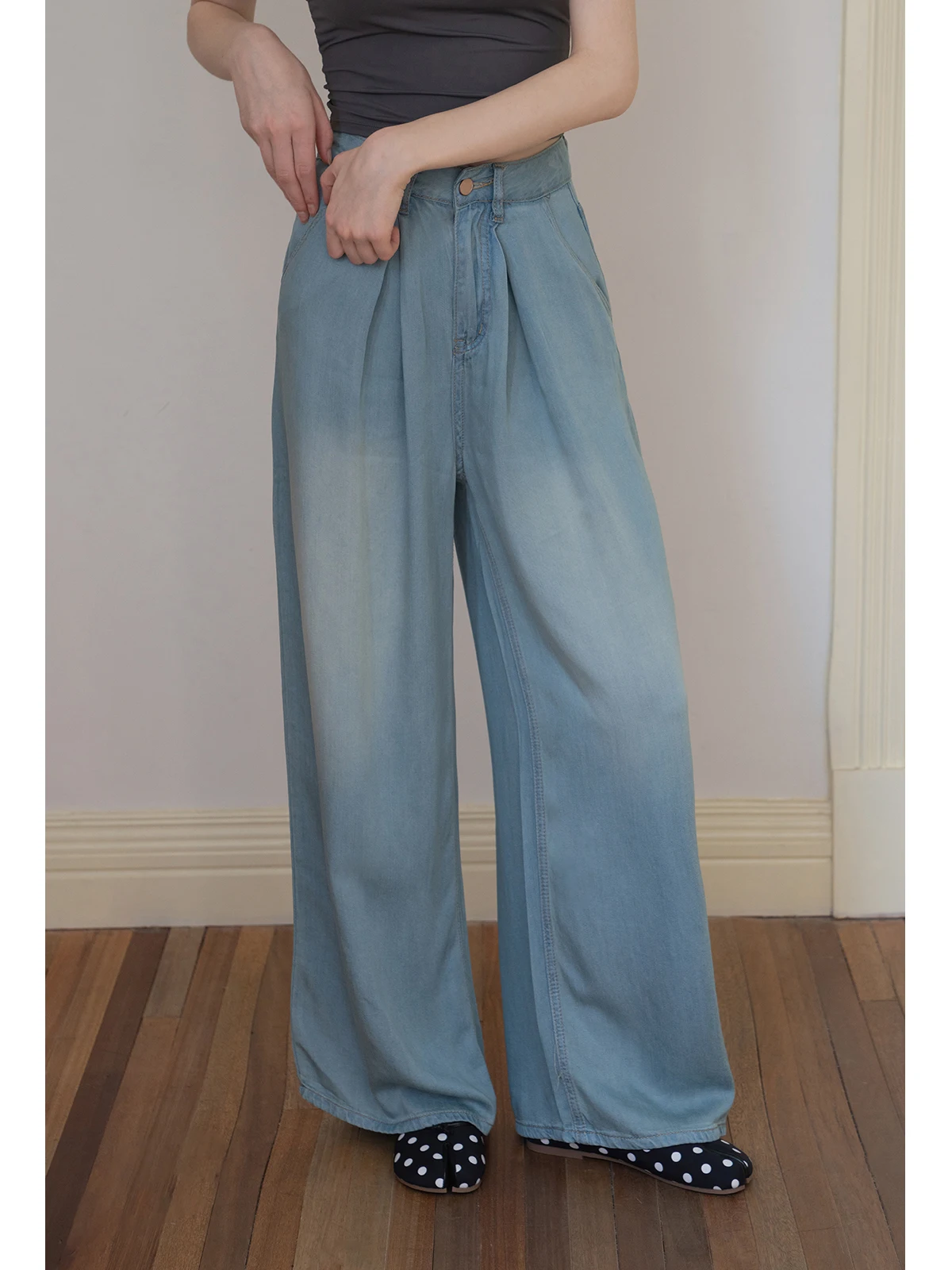 

High Waist Pleated Loose Casual Denim Jeans Women's Summer New Simple Commute Straight Leg Wide Leg Long Pants