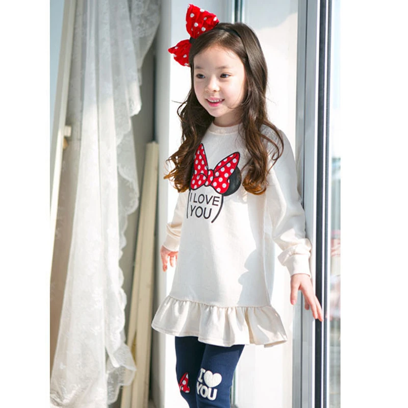 Kids Clothing Set Spring Autumn Cartoon Bow Knot Long Sleeve Cotton Shirt+Leggings 2Pcs Suit For 3-8 Years Girls Casual Outfit