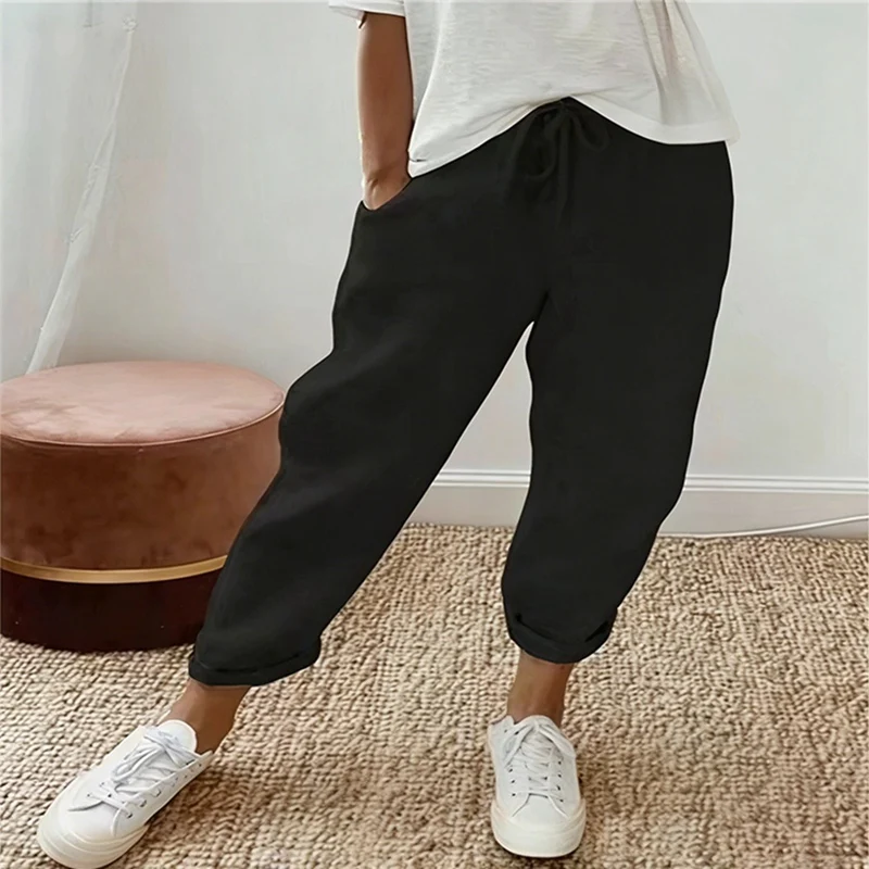 Women's Casual Pants Solid Color Drawstring Elastic Waist Trousers with Pockets Lounge Fashion Straight Pants