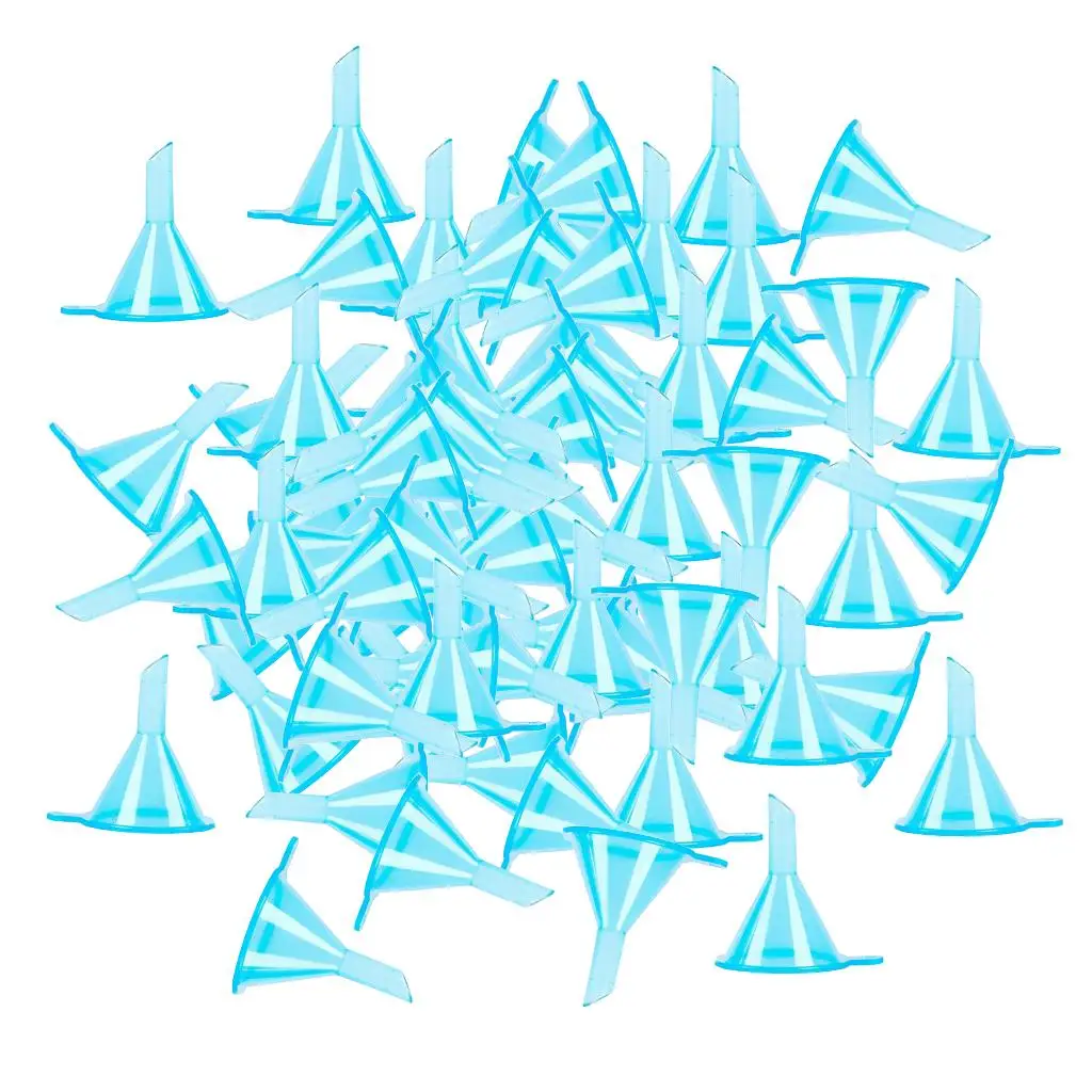 100 peças mini funis de plástico transparente para perfumes, pó, essenciais fáceis de preencher, limpar, transportar e armazenar.