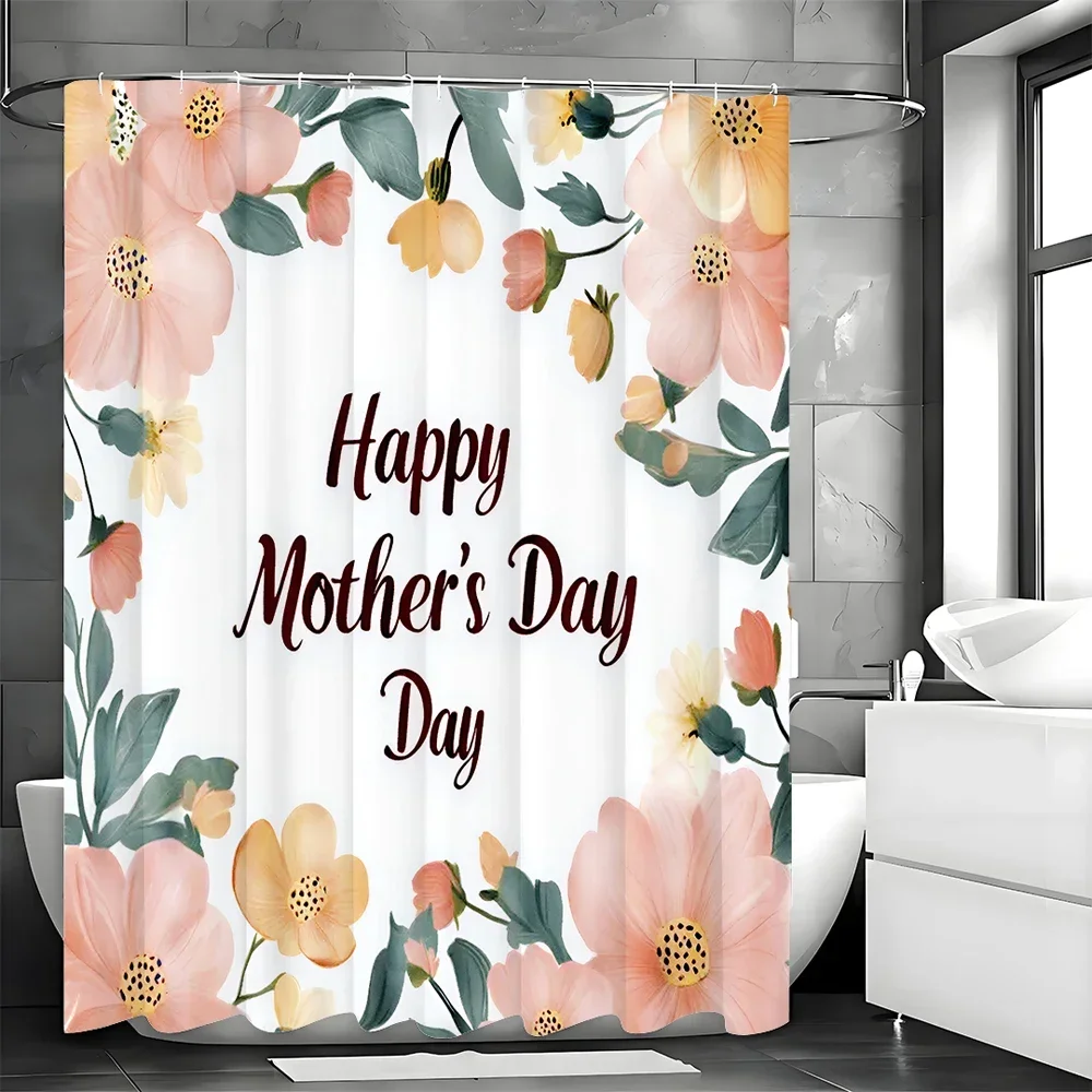 ~O~Mother's Day Pink Floral Text Shower Curtain, Bathroom Decorative Shower Curtain, Waterproof Shower Curtain with Hooks