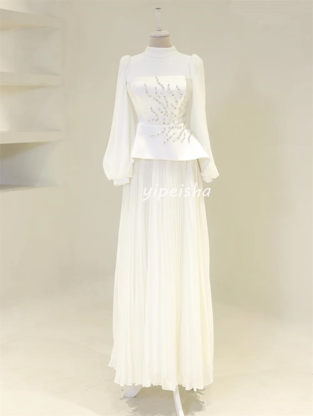 Customized High Quality Exquisite Chiffon Rhinestone Pleat Straight High Collar Long Dresses Bespoke Occasion Dresses Matching