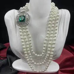 Vintage Pearl Necklace Handmade Glass Emerald Bead Pendant Multi-Layered Pearl Necklace